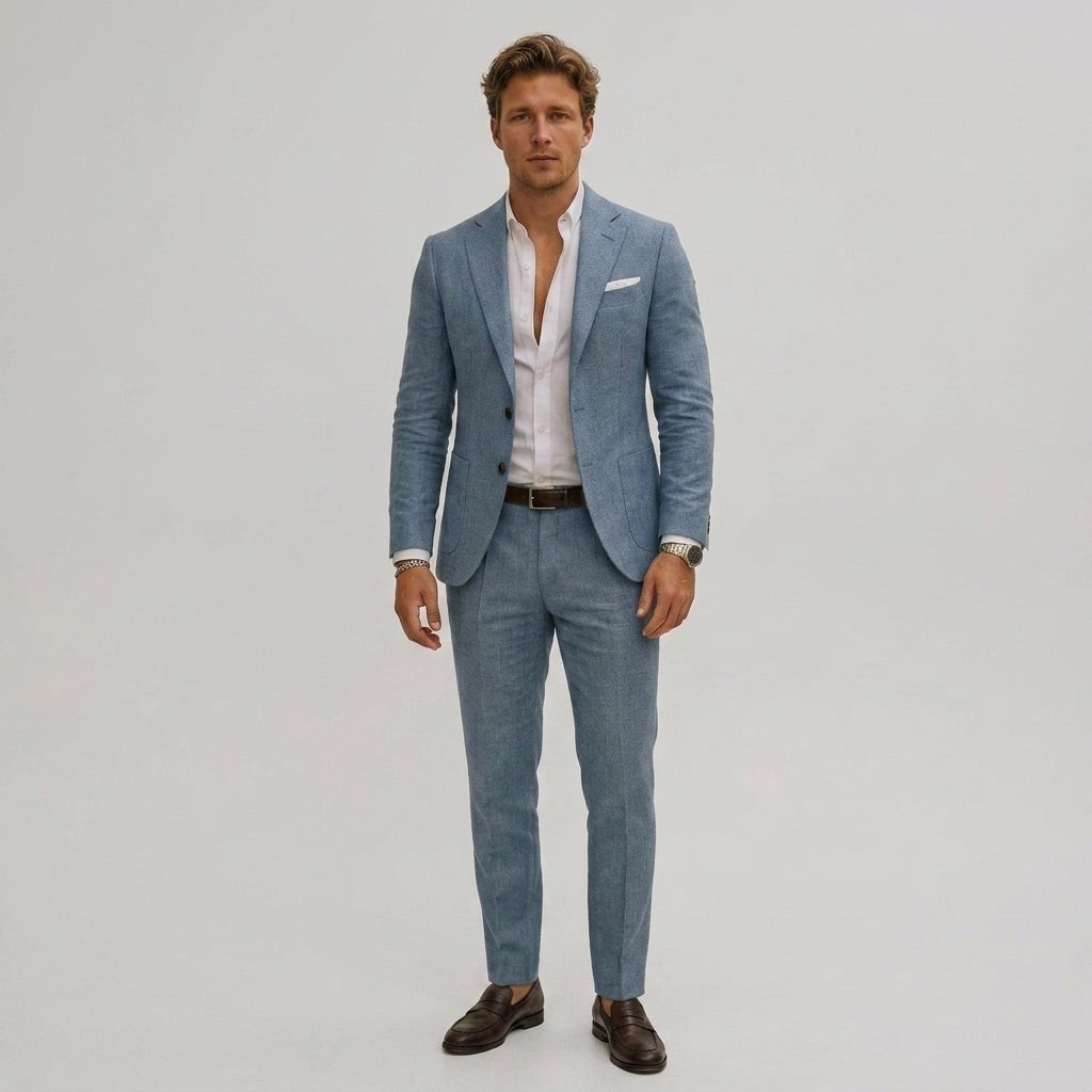 Elliott | Men's Slim-Fit Two-Piece Suit, Olive Linen Trouser Suit | Bella Blue