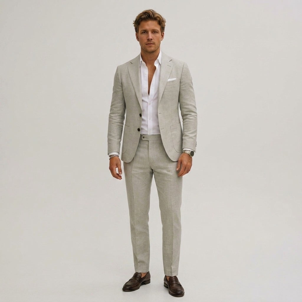 Elliott | Men's Slim-Fit Two-Piece Suit, Olive Linen Trouser Suit | Bella Blue