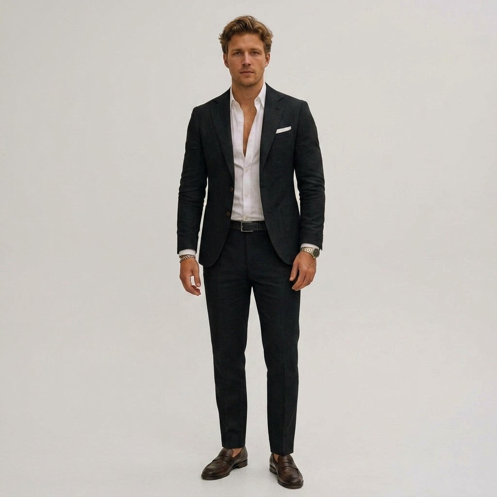 Elliott | Men's Slim-Fit Two-Piece Suit, Olive Linen Trouser Suit | Bella Blue