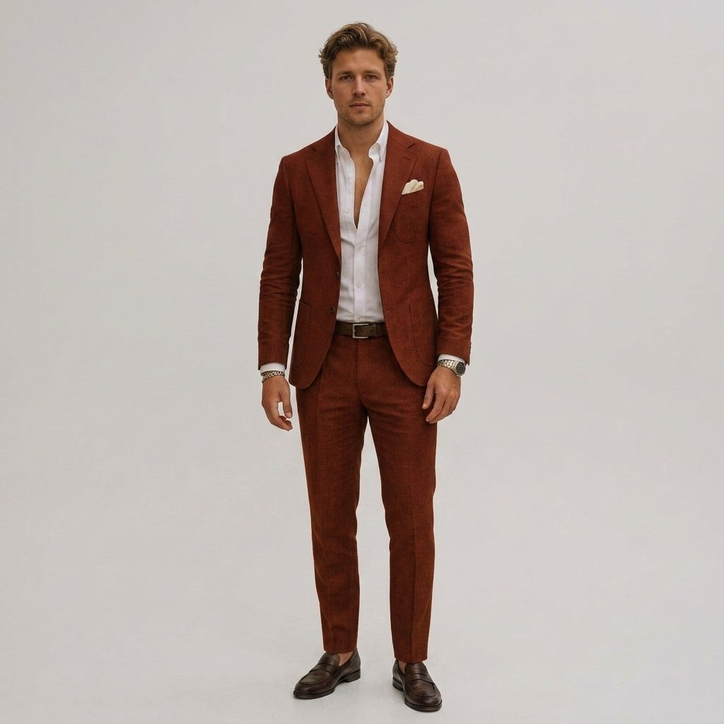 Elliott | Men's Slim-Fit Two-Piece Suit, Olive Linen Trouser Suit | Bella Blue