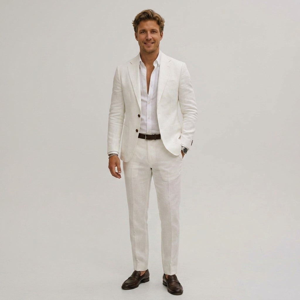Elliott | Men's Slim-Fit Two-Piece Suit, Olive Linen Trouser Suit | Bella Blue