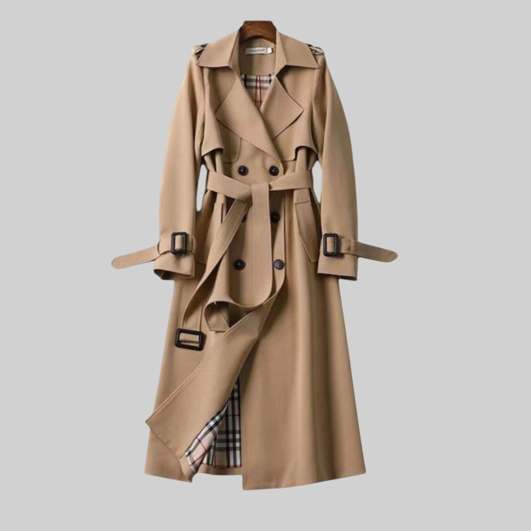 Eloise | Women's Belted Double-Breasted Trench Coat, Longline Winter Coat | Bella Blue | Beige