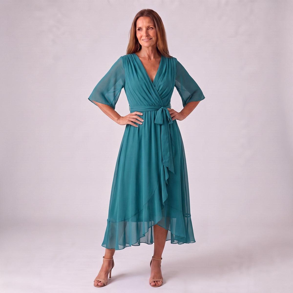 Eloise | Women's Wrap Midi Dress with V-Neckline, Half-Length Sleeve Occasion Dress | Bella Blue | Orange