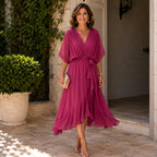Eloise | Women's Wrap Midi Dress with V-Neckline, Half-Length Sleeve Occasion Dress | Bella Blue