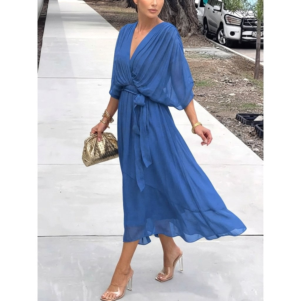 Eloise | Women's Wrap Midi Dress with V-Neckline, Half-Length Sleeve Occasion Dress | Bella Blue | Green