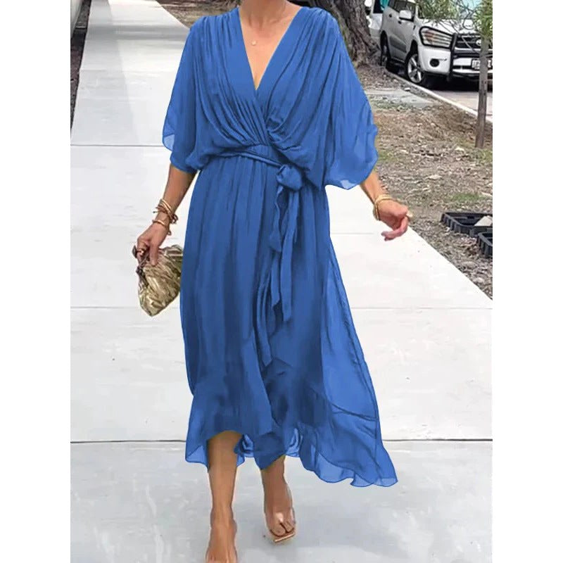 Eloise | Women's Wrap Midi Dress with V-Neckline, Half-Length Sleeve Occasion Dress | Bella Blue | White