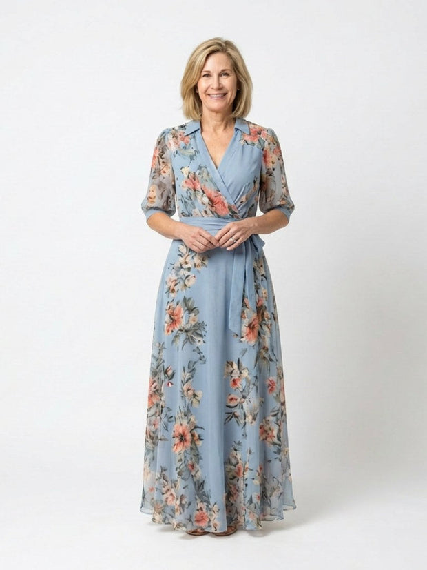 Elowen | Women's Floral Wrap V-Neck Maxi Dress - Floral