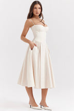 Elsie | Women's Corset Midi Dress with Adjustable Straps, Flattering Waist Midi Dress | Bella Blue