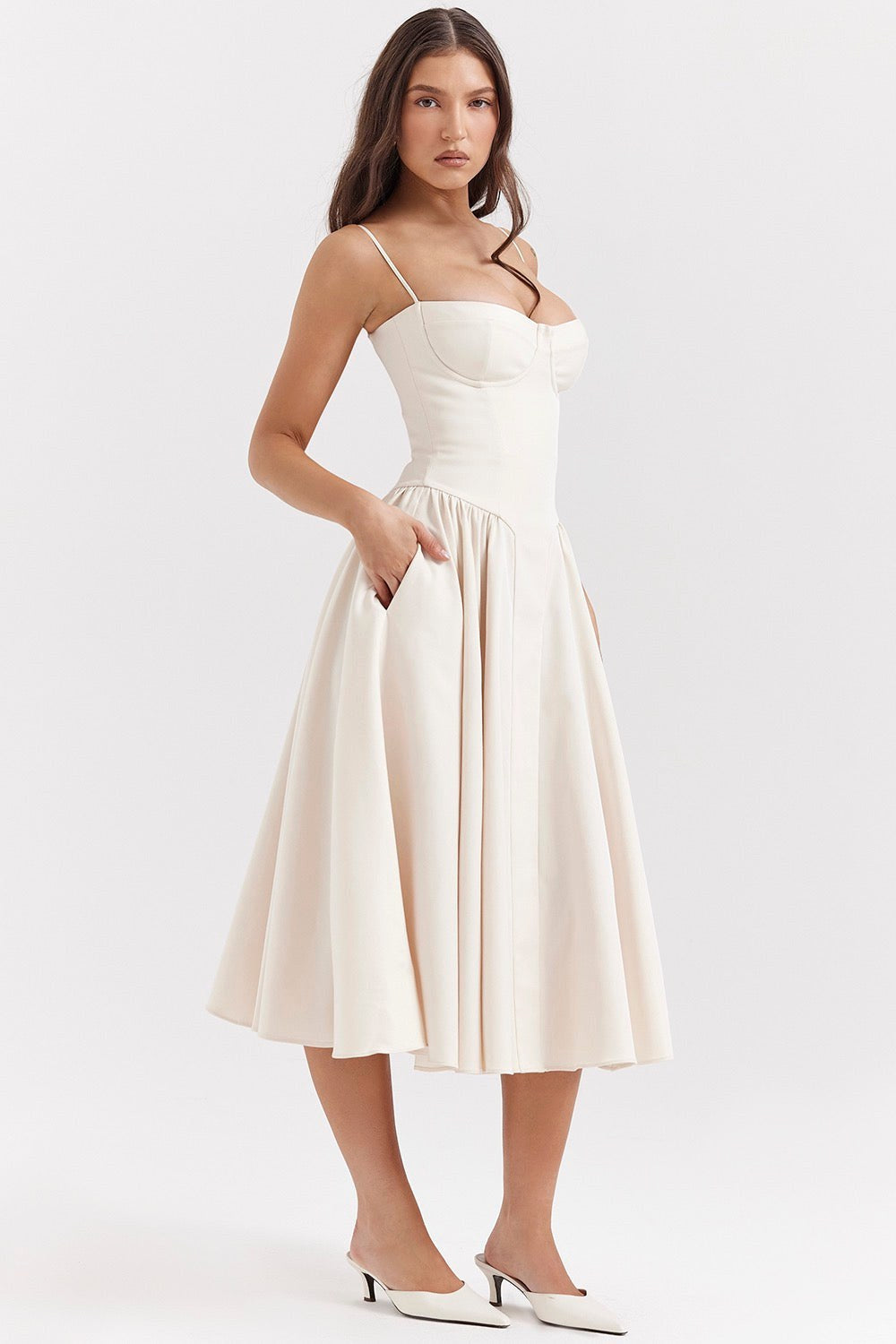 Elsie | Women's Corset Midi Dress with Adjustable Straps, Flattering Waist Midi Dress | Bella Blue