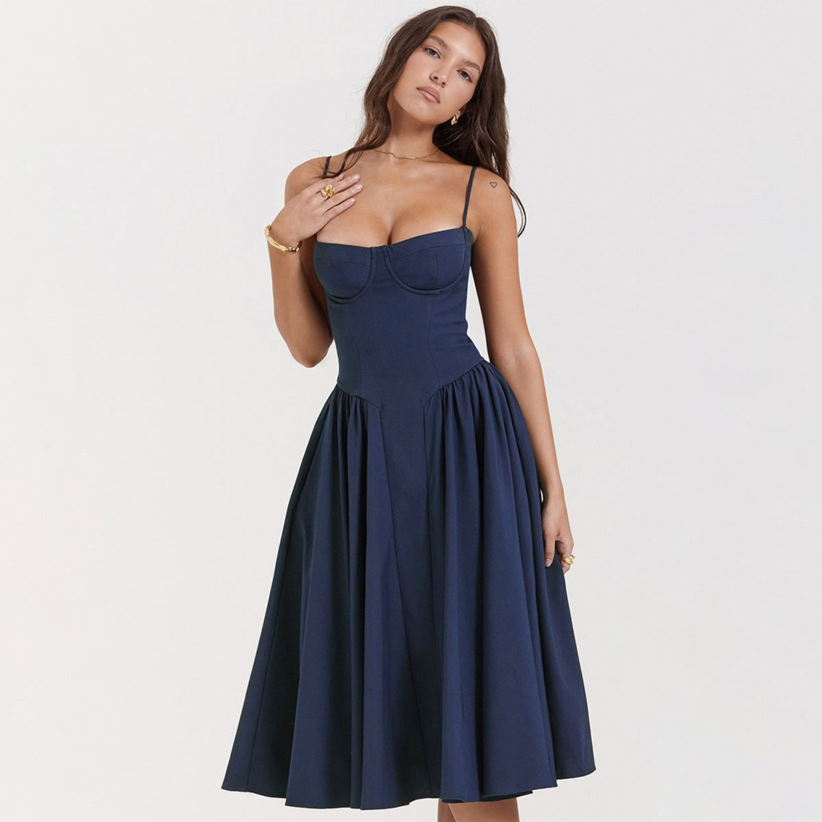 Elsie | Women's Corset Midi Dress with Adjustable Straps, Flattering Waist Midi Dress | Bella Blue