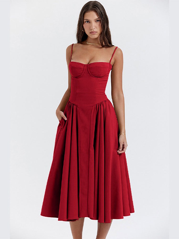 Elsie | Women's Corset Midi Dress with Adjustable Straps, Flattering Waist Midi Dress | Bella Blue