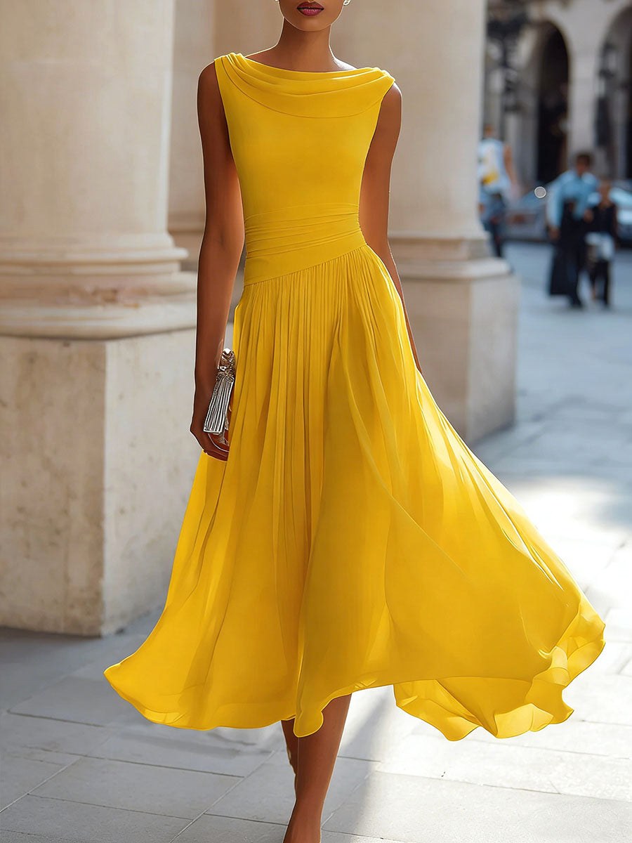 Elsie | Women's Pleated Midi Dress with Draped Neckline, Structured Midi Dress | Bella Blue