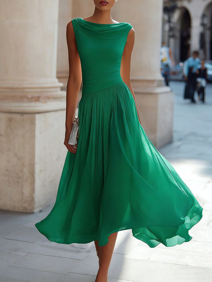 Elsie | Women's Pleated Midi Dress with Draped Neckline, Structured Midi Dress | Bella Blue