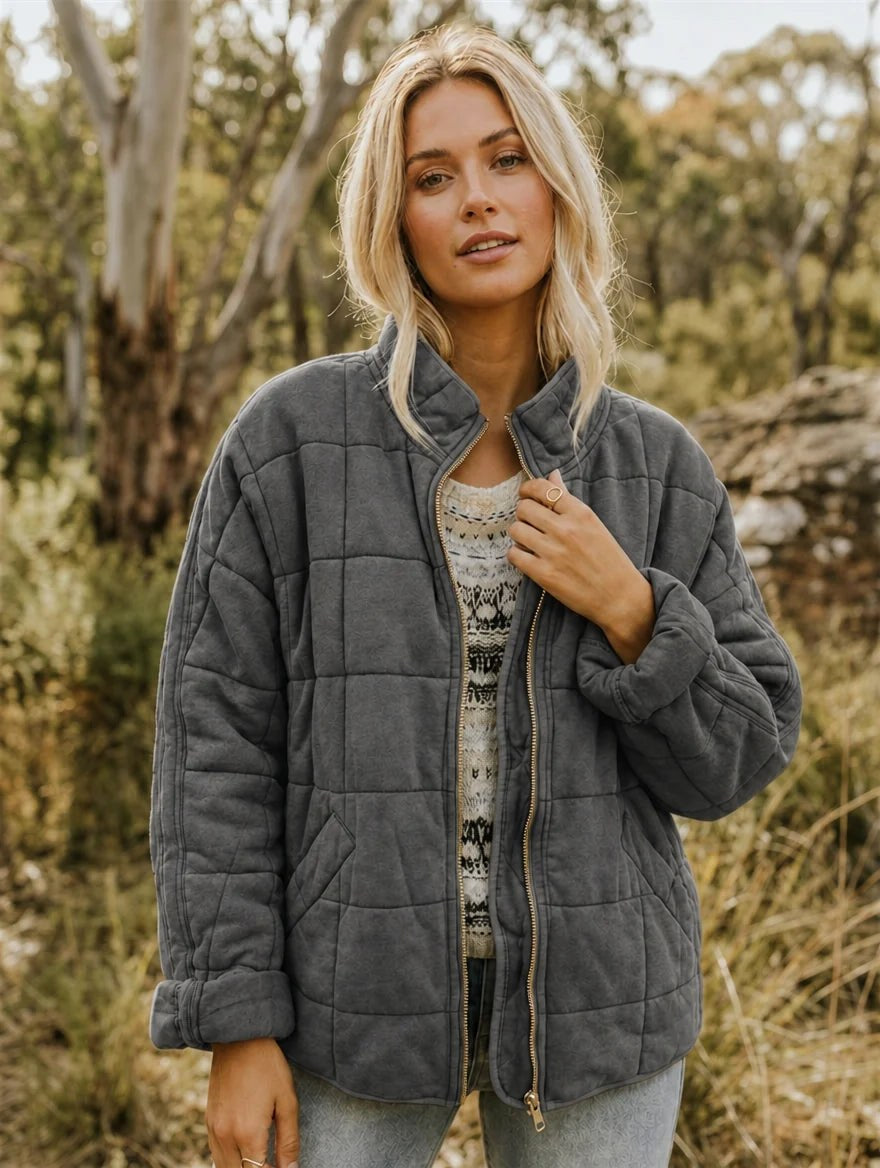 Emery | Women's Oversized Quilted Jacket, Structured Collar Autumn Jacket | Bella Blue | Dark Grey