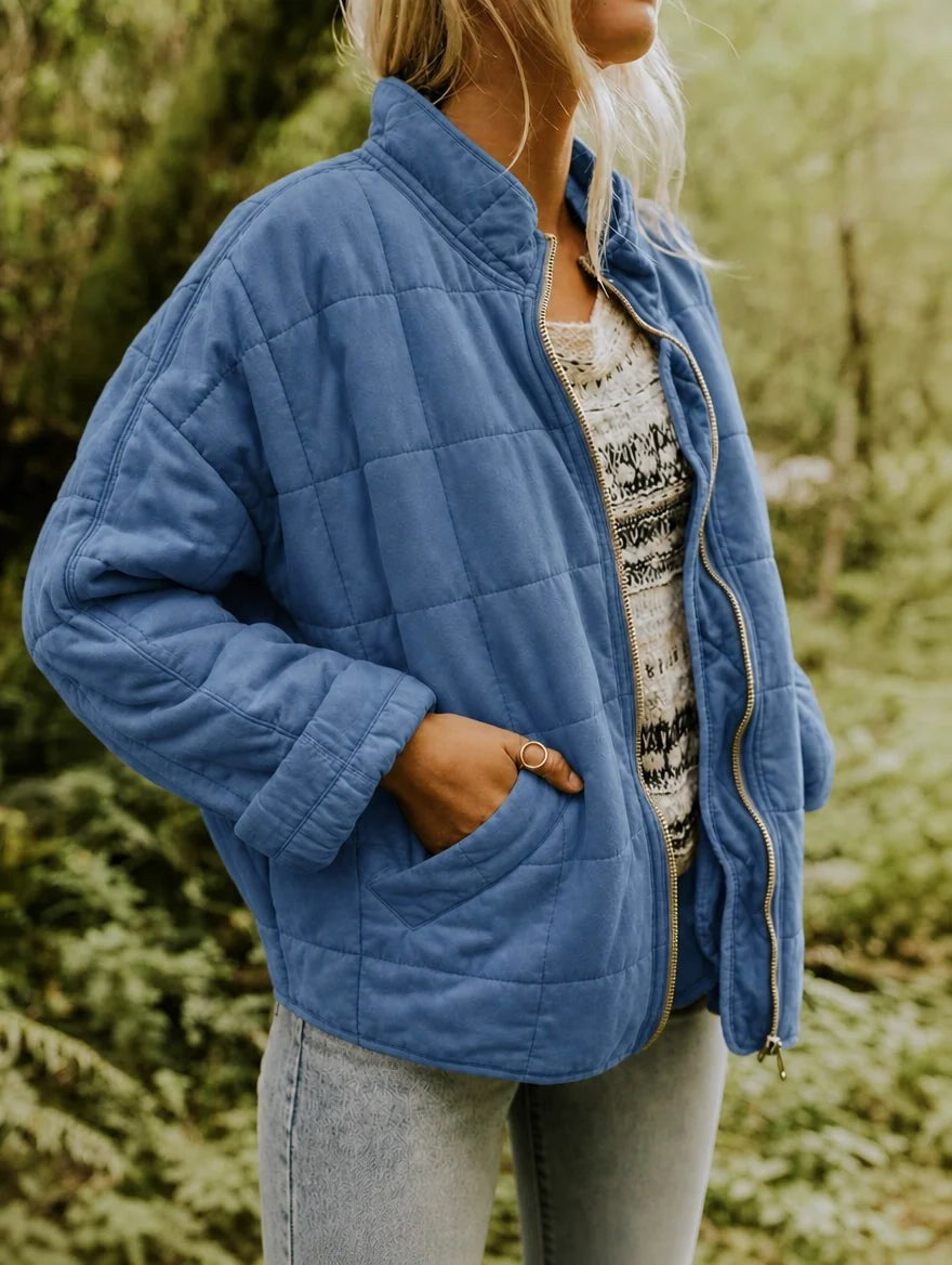Emery | Women's Oversized Quilted Jacket, Structured Collar Autumn Jacket | Bella Blue