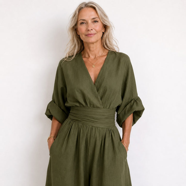 Emilie | Women's Wide-Leg Linen Jumpsuit, Cinched-Waist Jumpsuit | Bella Blue