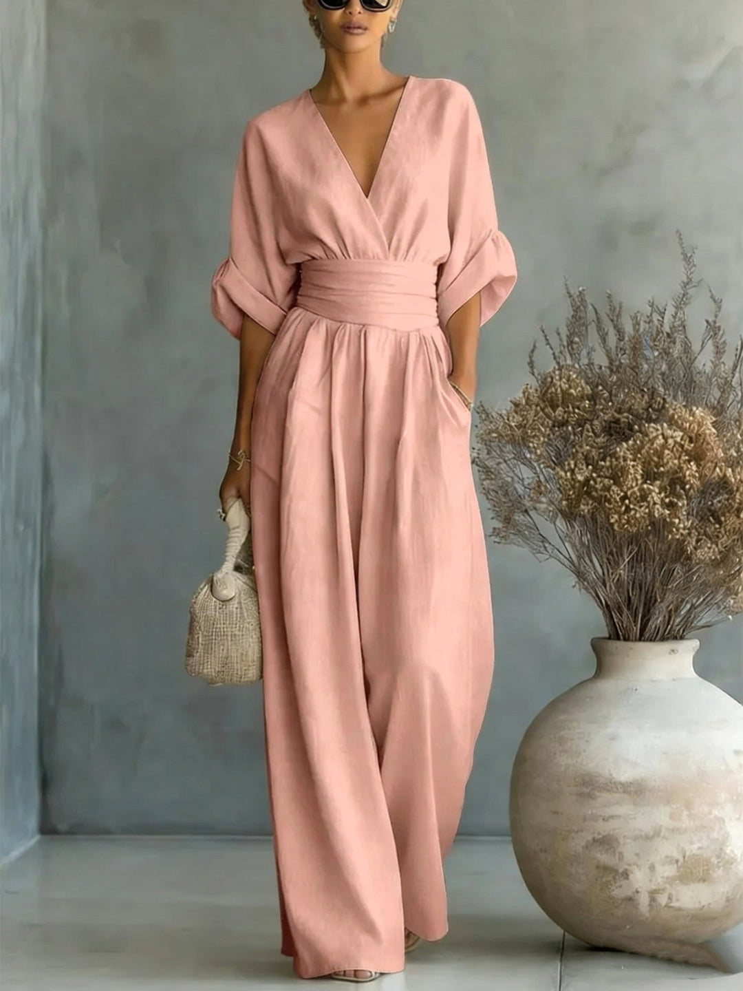 Emilie | Women's Wide-Leg Linen Jumpsuit, Cinched-Waist Jumpsuit | Bella Blue