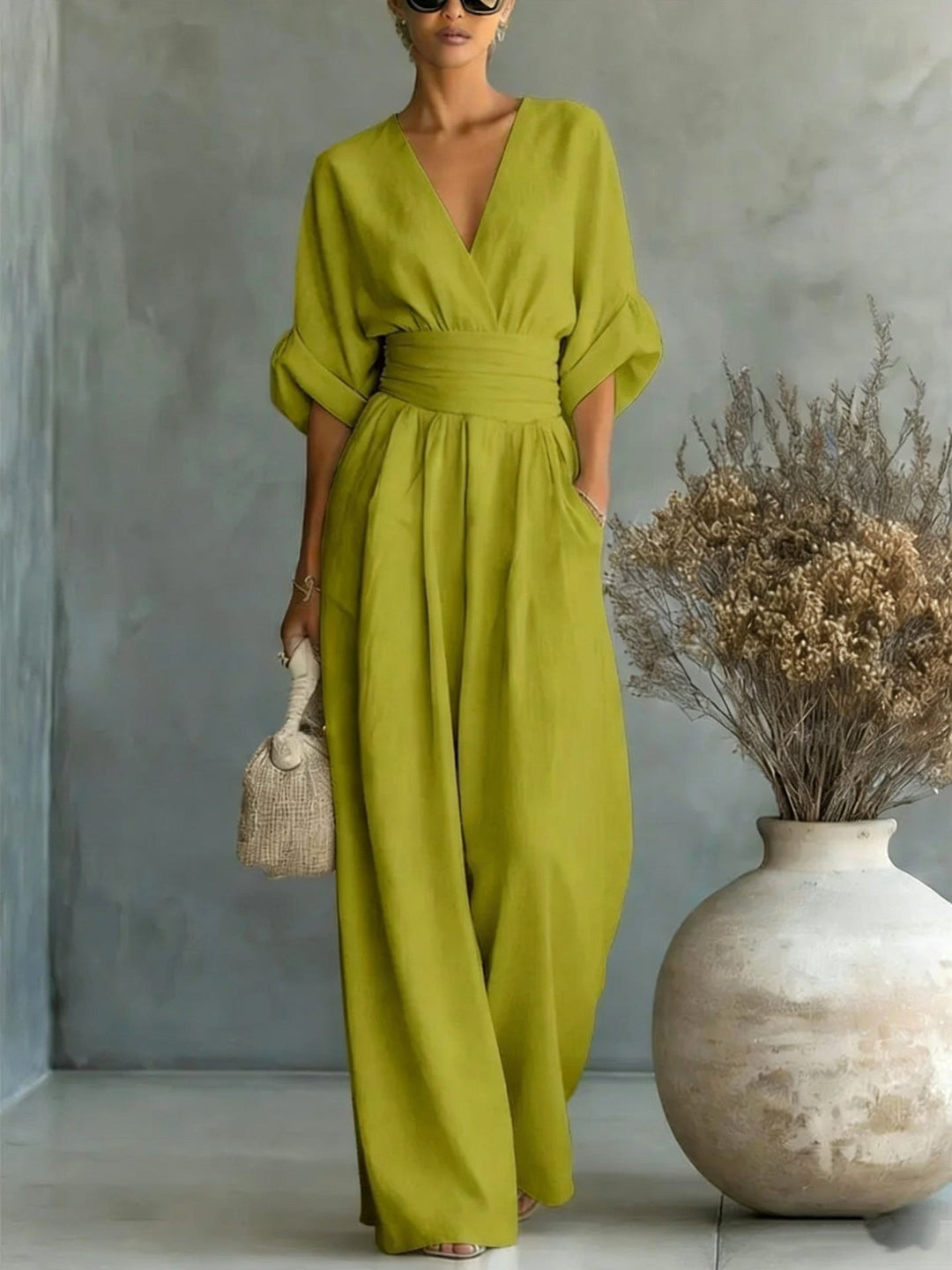 Emilie | Women's Wide-Leg Linen Jumpsuit, Cinched-Waist Jumpsuit | Bella Blue