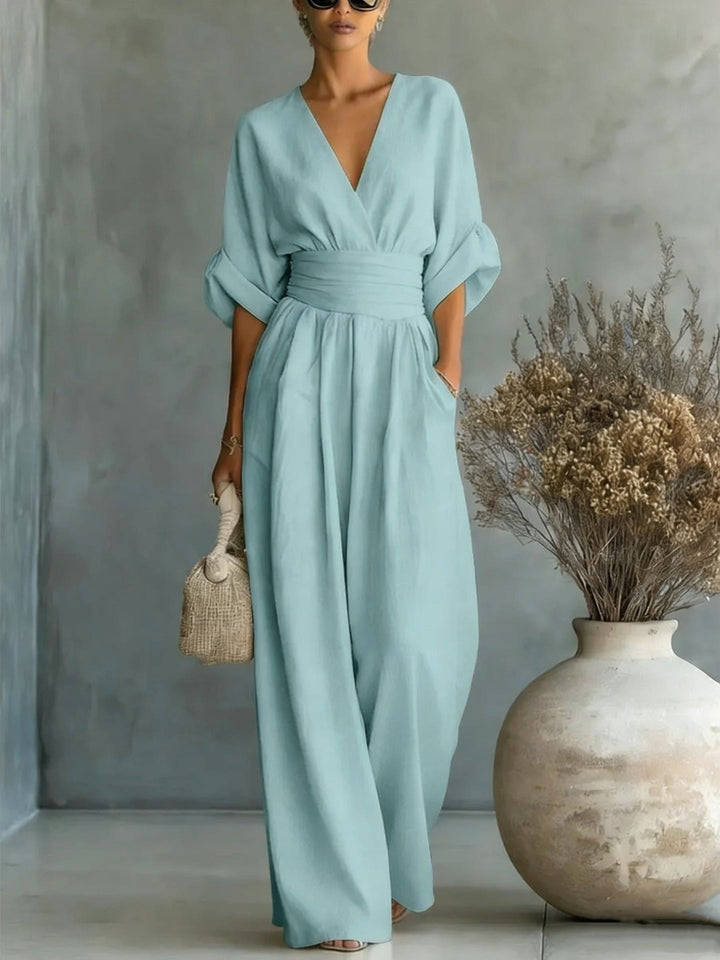 Emilie | Women's Wide-Leg Linen Jumpsuit, Cinched-Waist Jumpsuit | Bella Blue