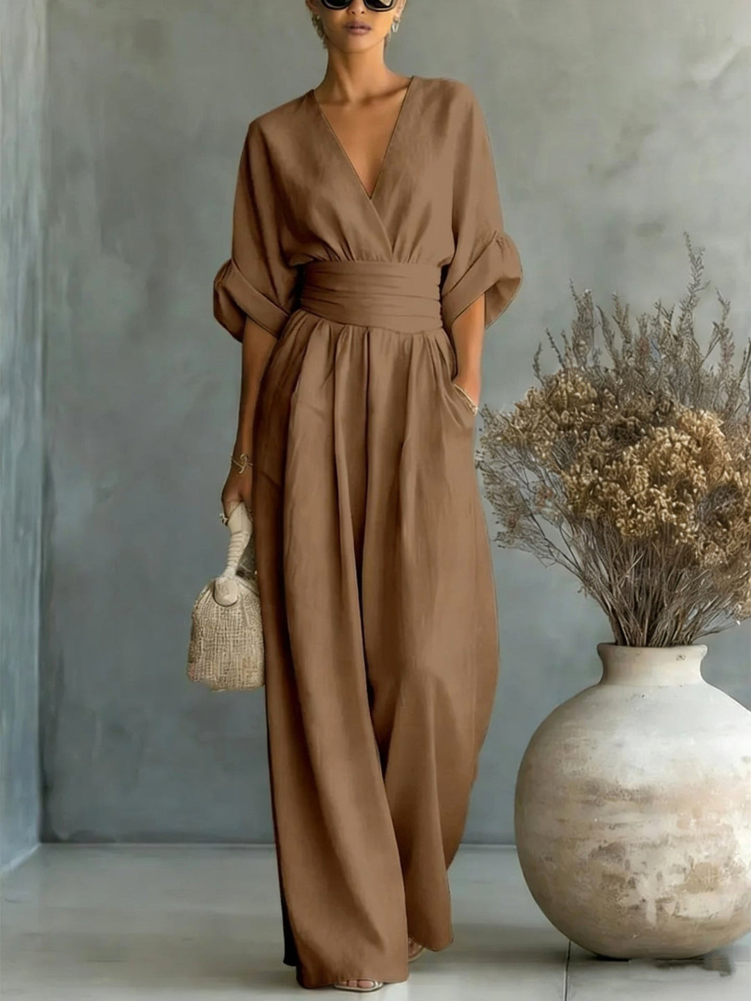 Emilie | Women's Wide-Leg Linen Jumpsuit, Cinched-Waist Jumpsuit | Bella Blue