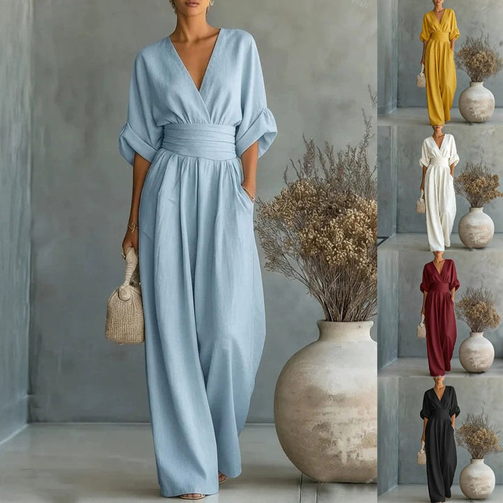 Emilie | Women's Wide-Leg Linen Jumpsuit, Cinched-Waist Jumpsuit | Bella Blue