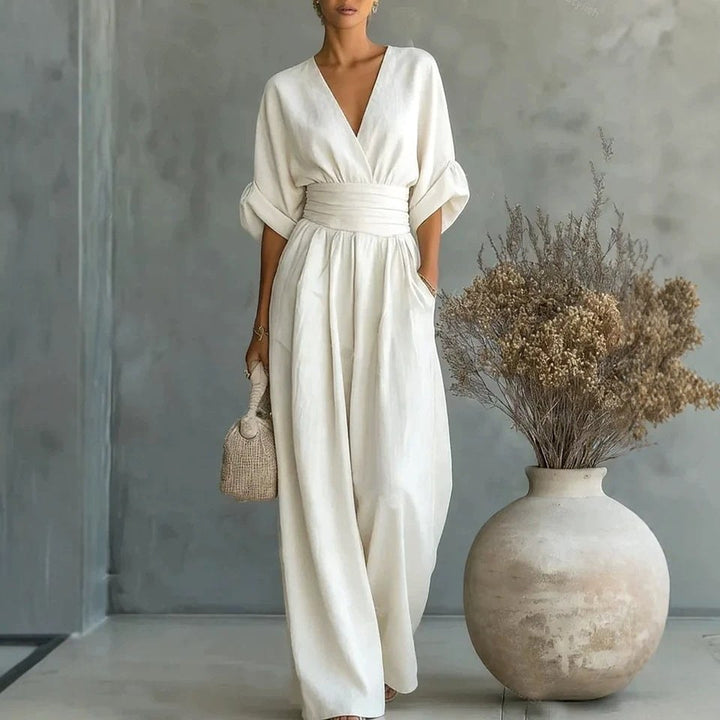 Emilie | Women's Wide-Leg Linen Jumpsuit, Cinched-Waist Jumpsuit | Bella Blue