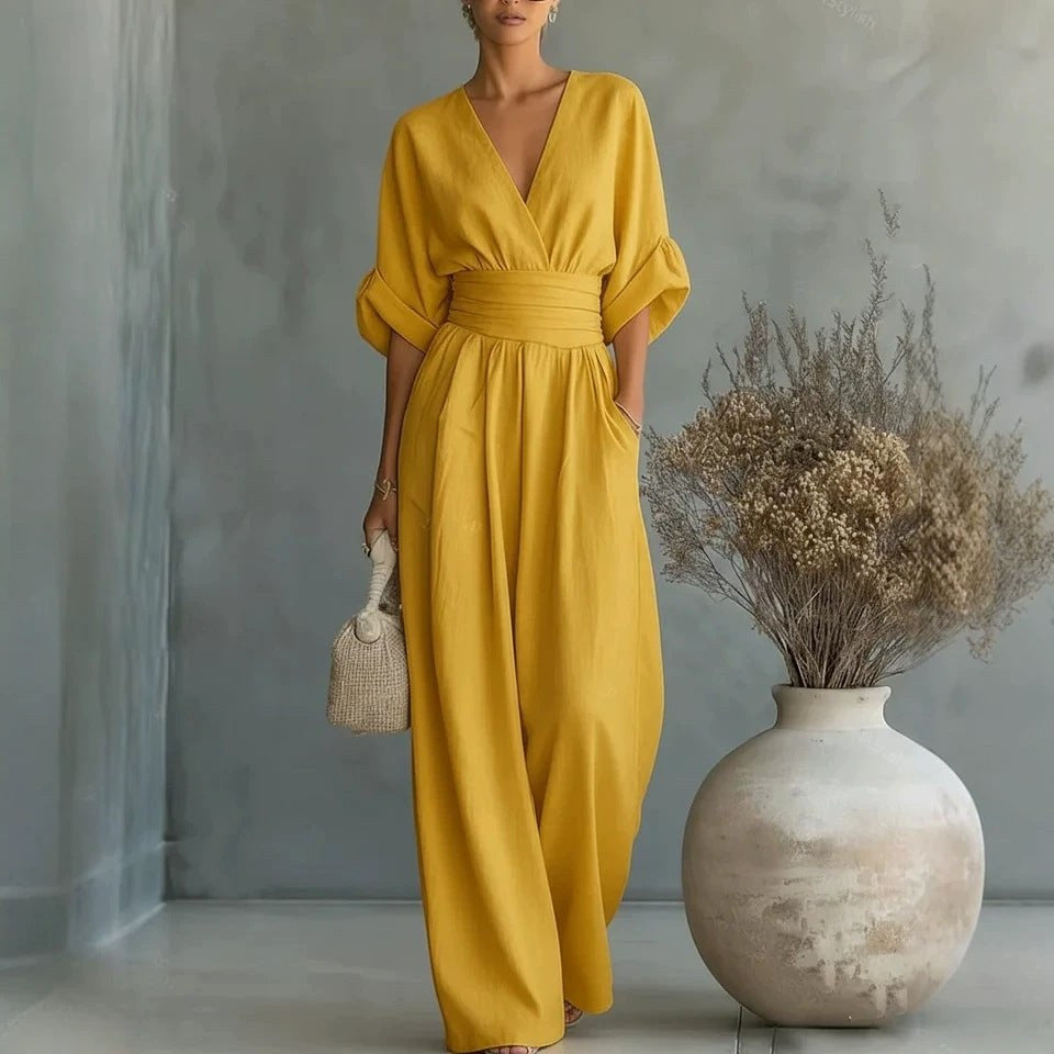 Emilie | Women's Wide-Leg Linen Jumpsuit, Cinched-Waist Jumpsuit | Bella Blue