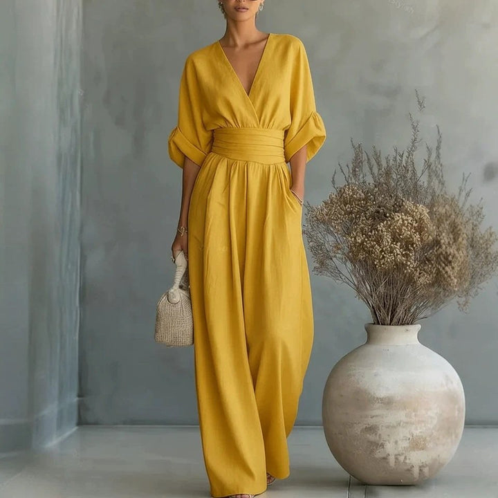Emilie | Women's Wide-Leg Linen Jumpsuit, Cinched-Waist Jumpsuit | Bella Blue