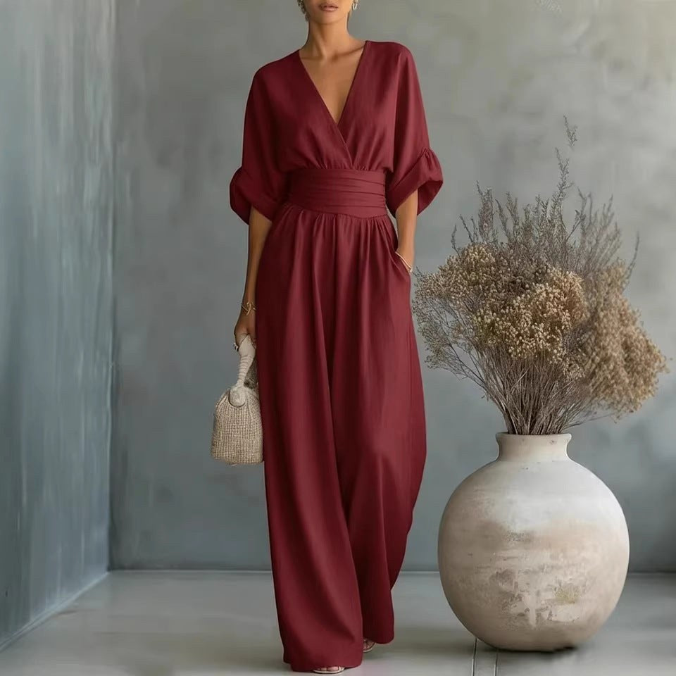 Emilie | Women's Wide-Leg Linen Jumpsuit, Cinched-Waist Jumpsuit | Bella Blue