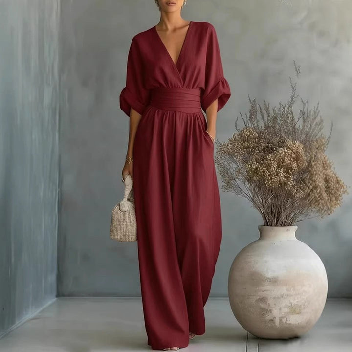 Emilie | Women's Wide-Leg Linen Jumpsuit, Cinched-Waist Jumpsuit | Bella Blue