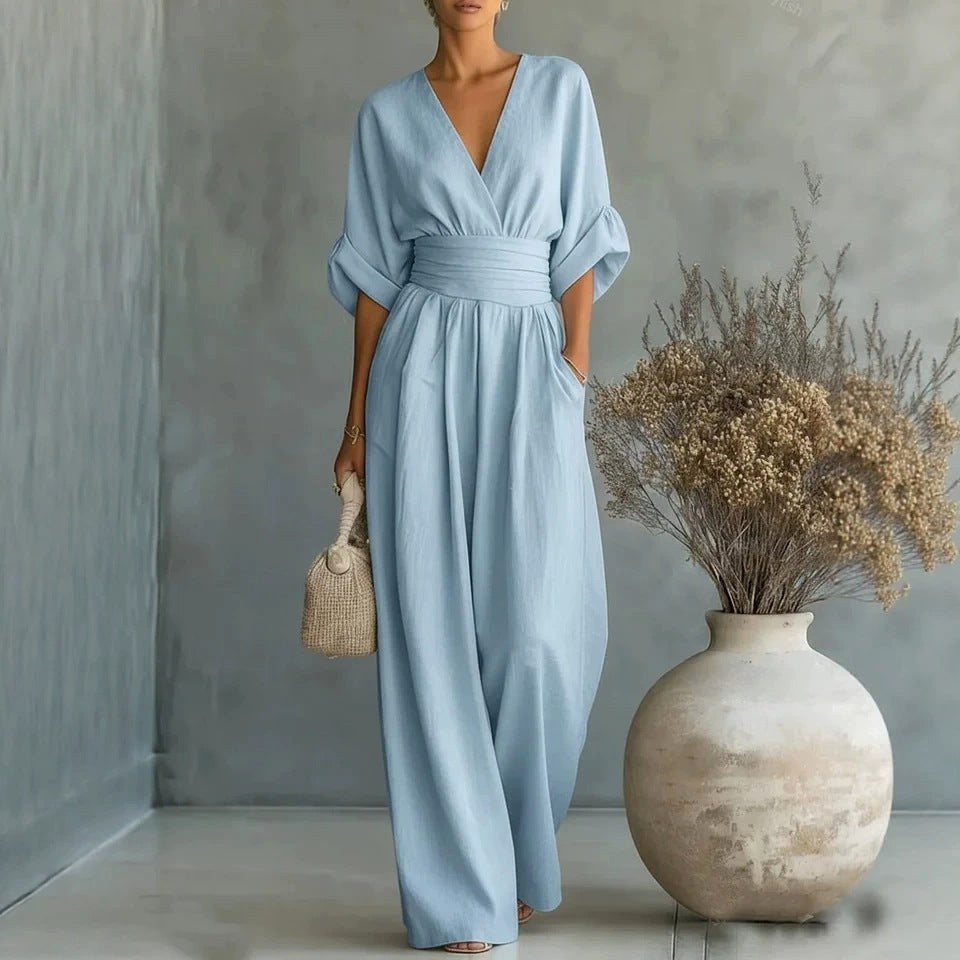 Emilie | Women's Wide-Leg Linen Jumpsuit, Cinched-Waist Jumpsuit | Bella Blue