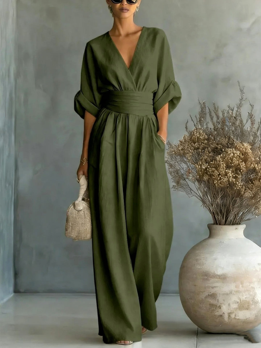 Emilie | Women's Wide-Leg Linen Jumpsuit, Cinched-Waist Jumpsuit | Bella Blue