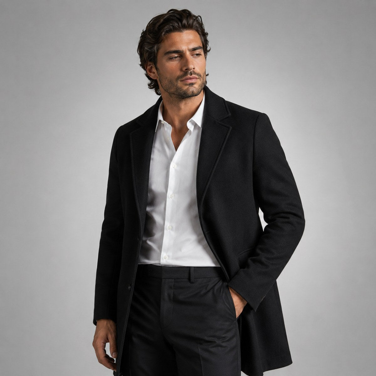 Emmett | Men's Wool-Cashmere Mid-Length Coat, Tailored Autumn Coat | Bella Blue | Grey
