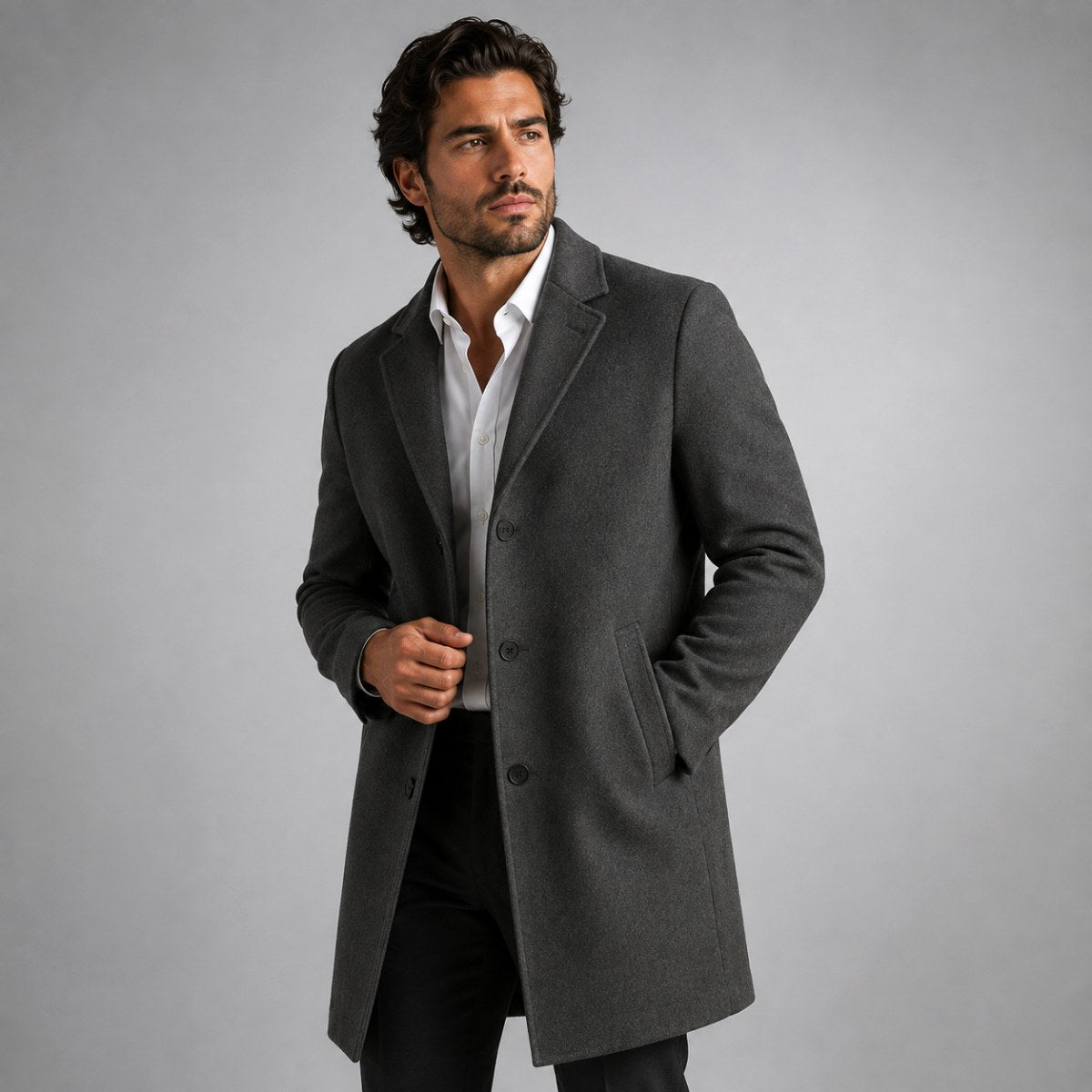 Emmett | Men's Wool-Cashmere Mid-Length Coat, Tailored Autumn Coat | Bella Blue | Beige