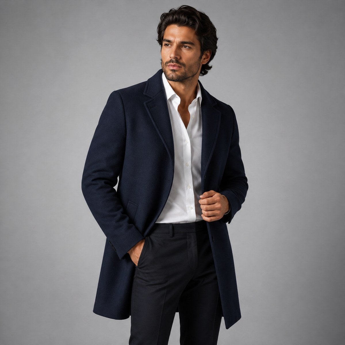 Emmett | Men's Wool-Cashmere Mid-Length Coat, Tailored Autumn Coat | Bella Blue