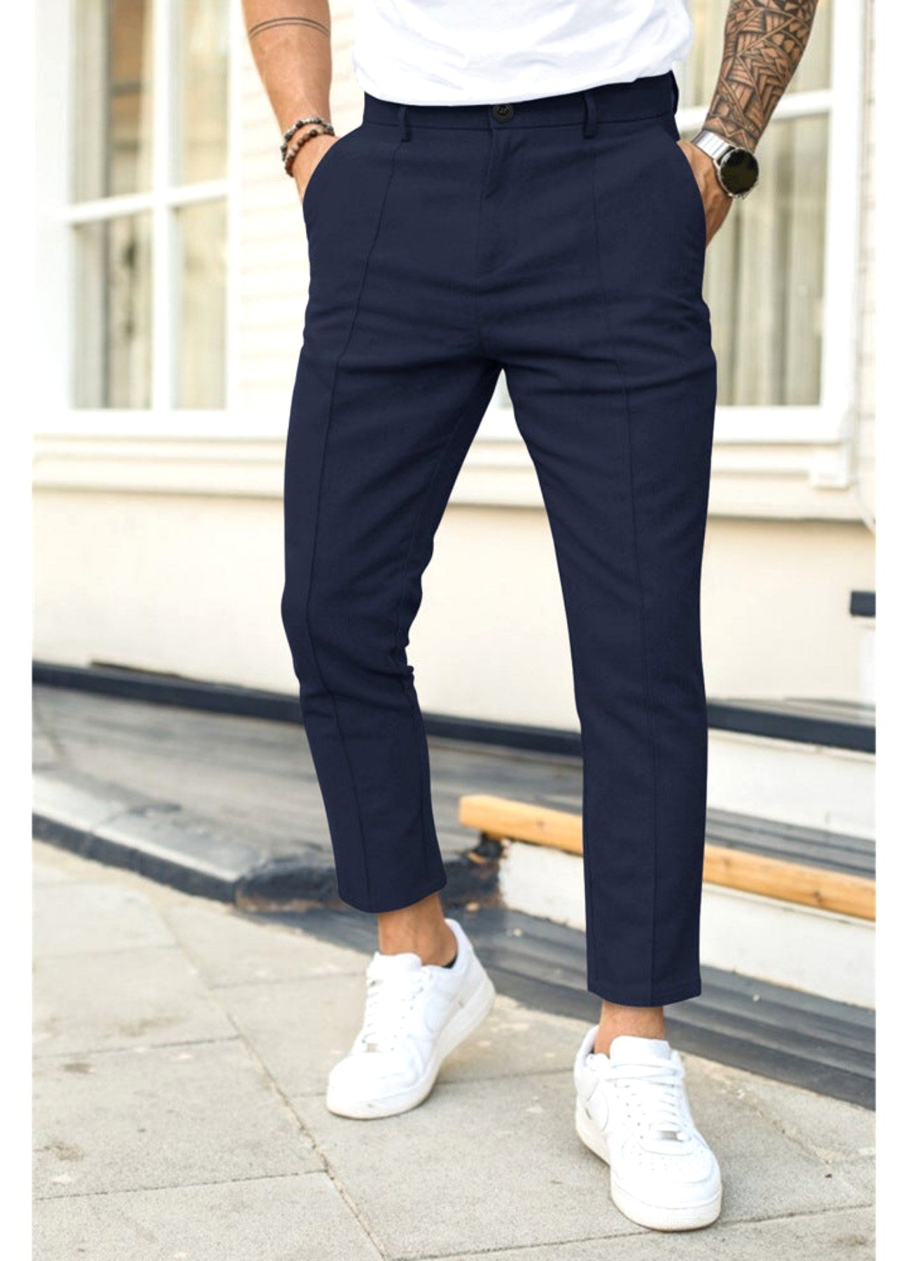 Erik | Men's Trousers with Tapered Leg, Ankle-Length Trousers | Bella Blue | Black