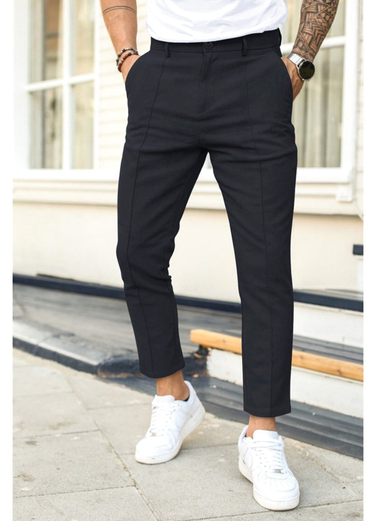 Erik | Men's Trousers with Tapered Leg, Ankle-Length Trousers | Bella Blue | Black