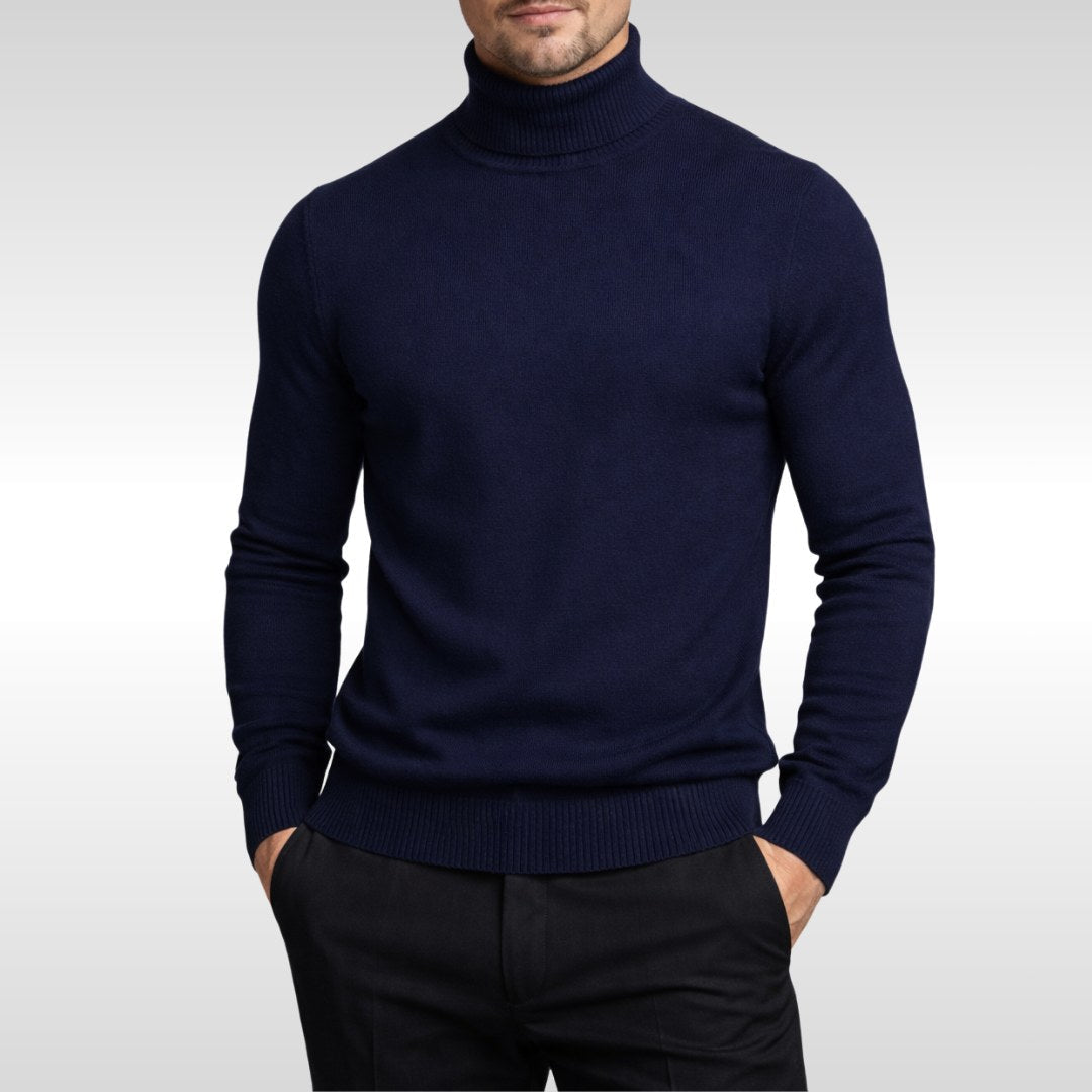 Erwin | Men's Fine-Knit Turtleneck Jumper, Classic Autumn Jumper | Bella Blue | White