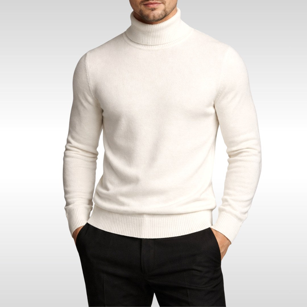 Erwin | Men's Fine-Knit Turtleneck Jumper, Classic Autumn Jumper | Bella Blue | White