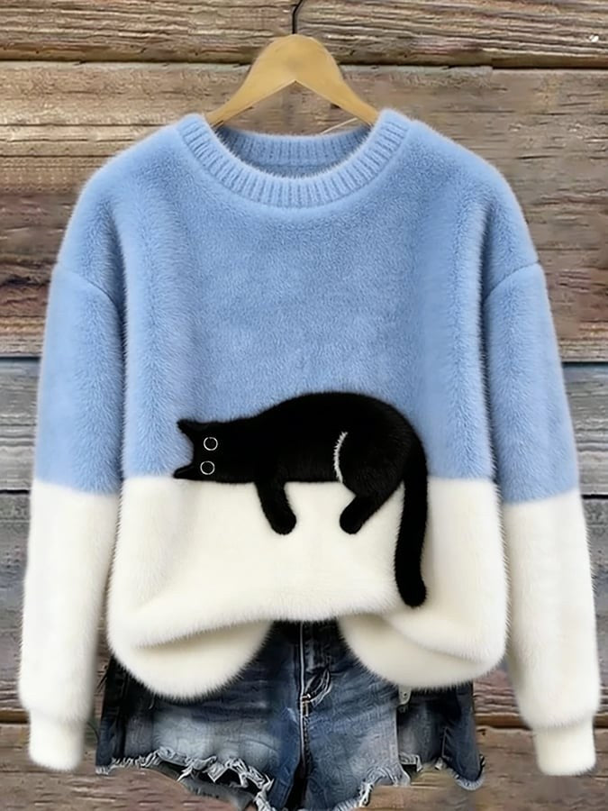 Estelle | Women's Cat Motif Wool-Mix Knit Jumper, Charming Everyday Sweater | Bella Blue