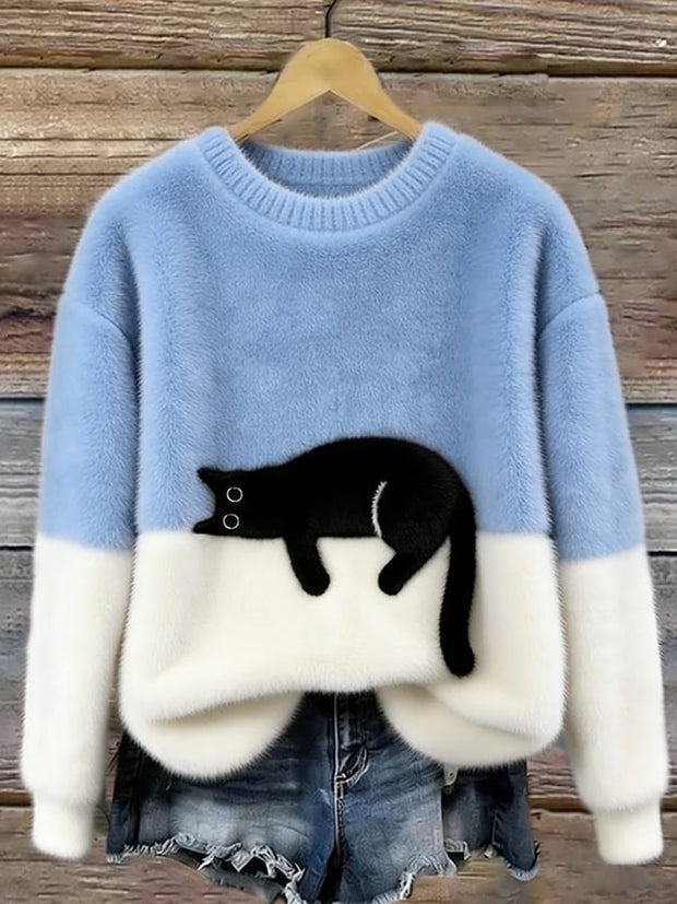 Estelle | Women's Cat Motif Wool-Mix Knit Jumper, Charming Everyday Sweater | Bella Blue