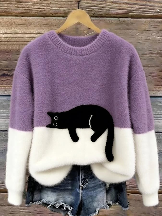 Estelle | Women's Cat Motif Wool-Mix Knit Jumper, Charming Everyday Sweater | Bella Blue