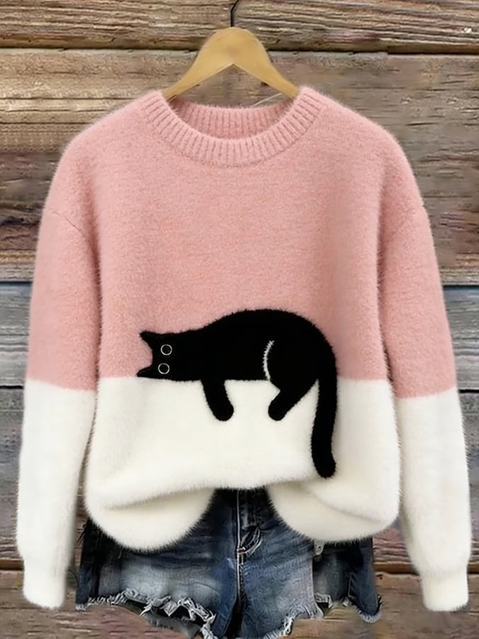 Estelle | Women's Cat Motif Wool-Mix Knit Jumper, Charming Everyday Sweater | Bella Blue