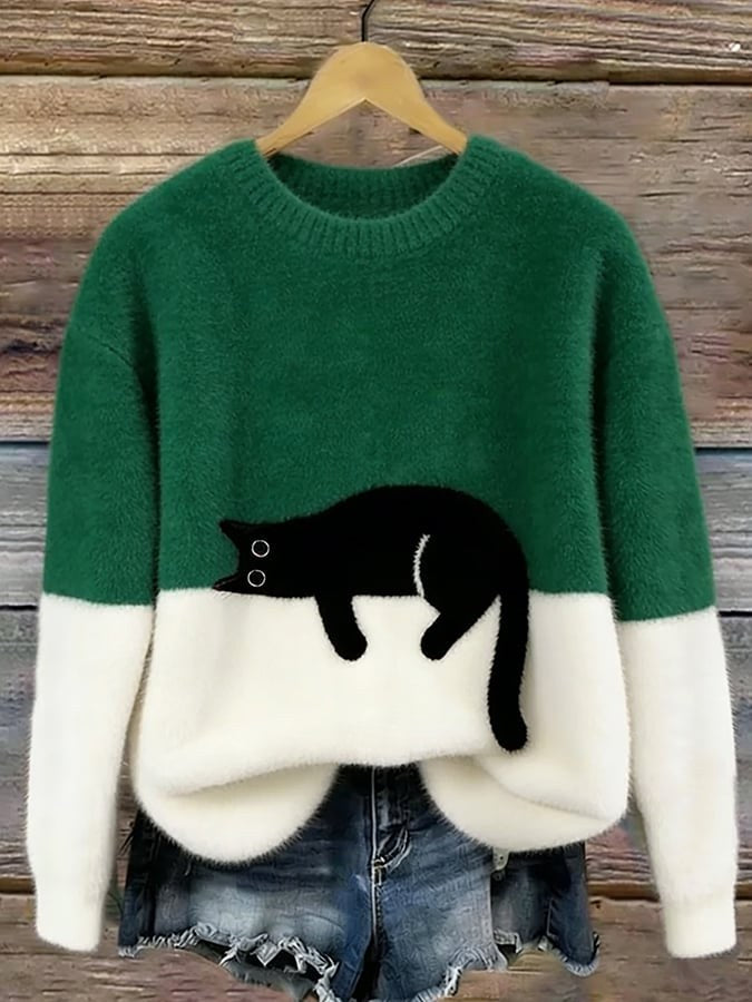 Estelle | Women's Cat Motif Wool-Mix Knit Jumper, Charming Everyday Sweater | Bella Blue