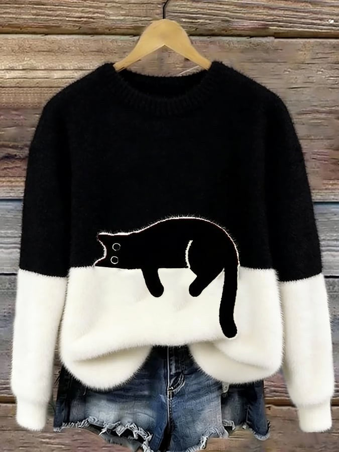 Estelle | Women's Cat Motif Wool-Mix Knit Jumper, Charming Everyday Sweater | Bella Blue