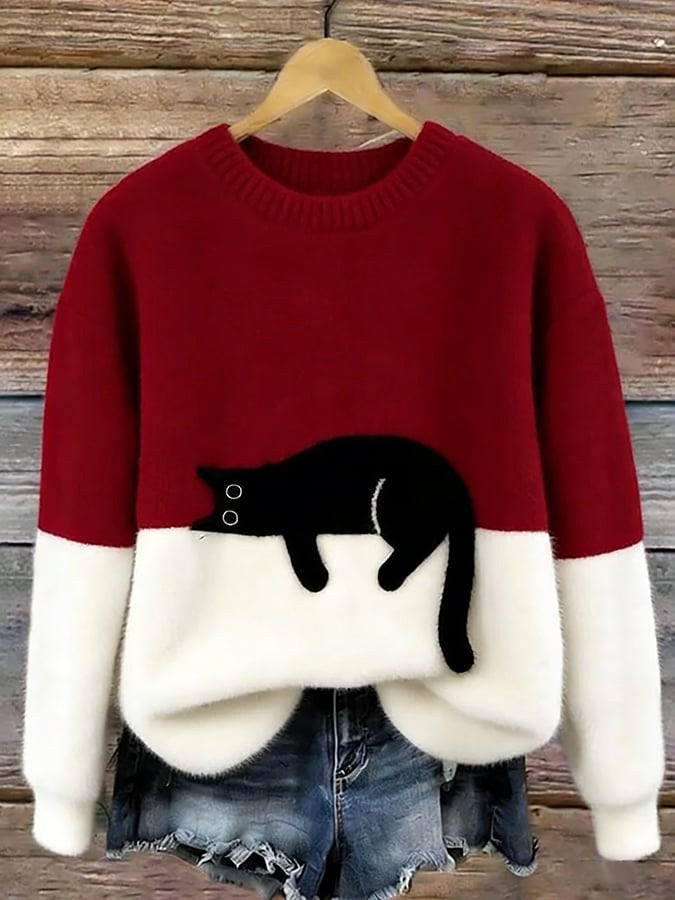 Estelle | Women's Cat Motif Wool-Mix Knit Jumper, Charming Everyday Sweater | Bella Blue