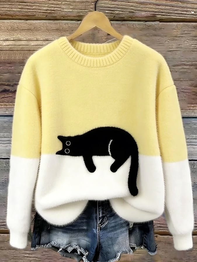 Estelle | Women's Cat Motif Wool-Mix Knit Jumper, Charming Everyday Sweater | Bella Blue