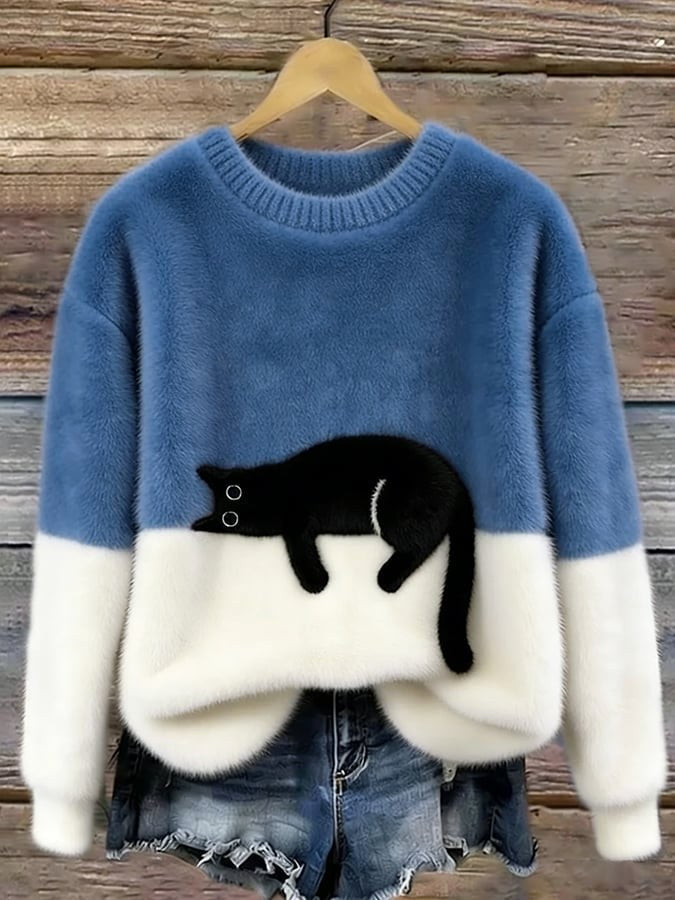 Estelle | Women's Cat Motif Wool-Mix Knit Jumper, Charming Everyday Sweater | Bella Blue