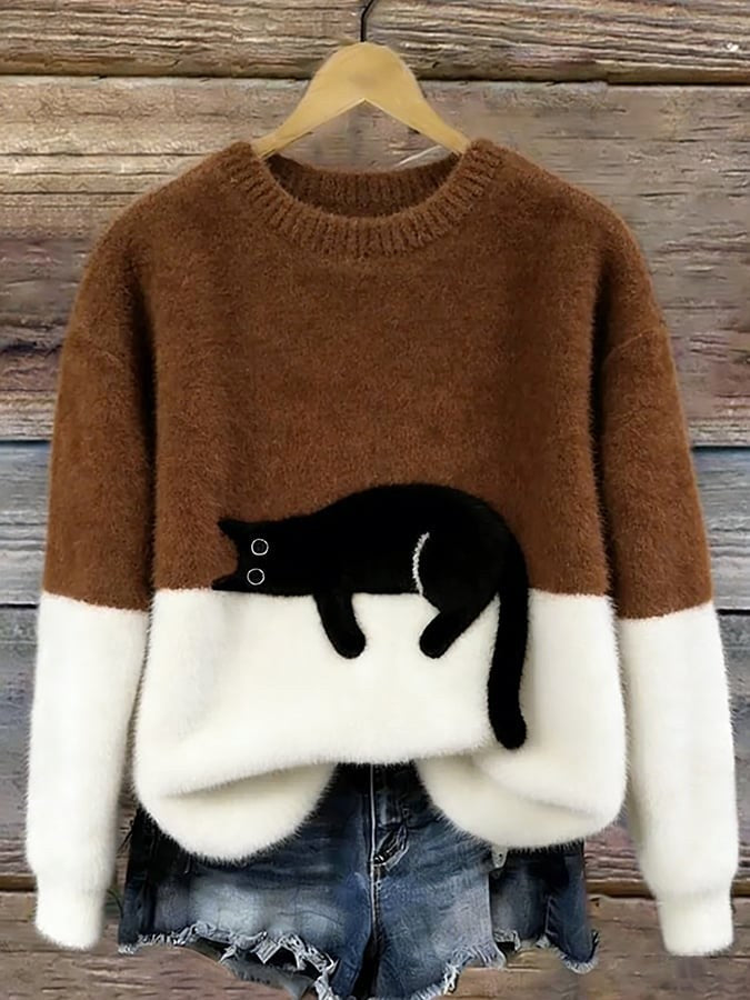 Estelle | Women's Cat Motif Wool-Mix Knit Jumper, Charming Everyday Sweater | Bella Blue