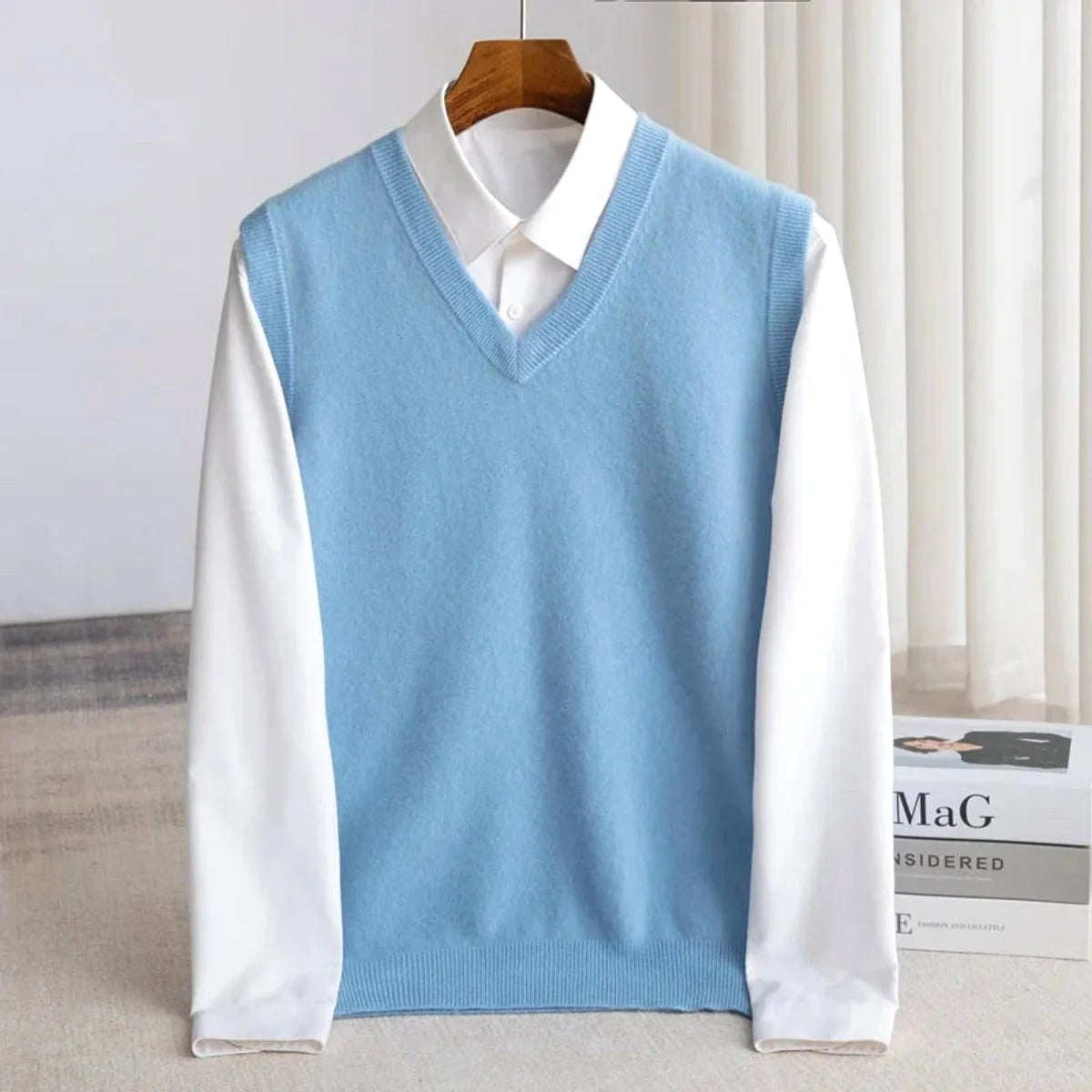 Ethan | Men's V-Neck Sweater Vest, Ribbed Trim Knit Gilet | Bella Blue | Blue